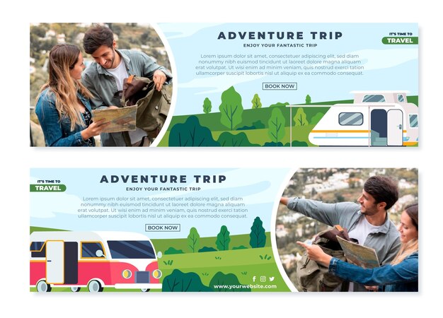 Banners horizontais de aventura com foto