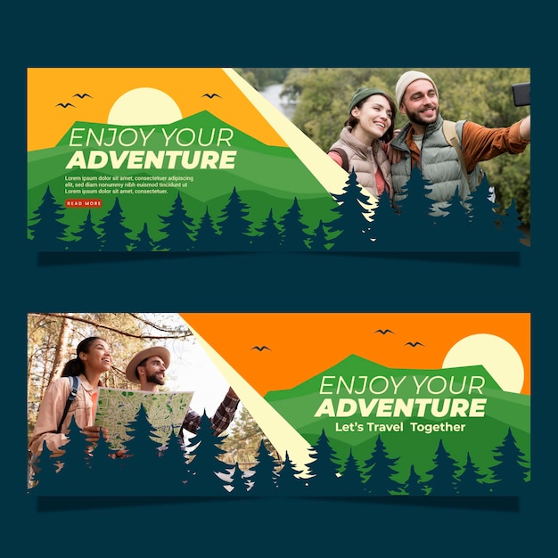 Banners horizontais de aventura plana com foto