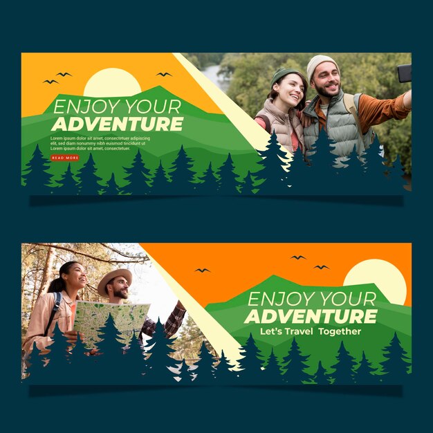 Banners horizontais de aventura plana com foto