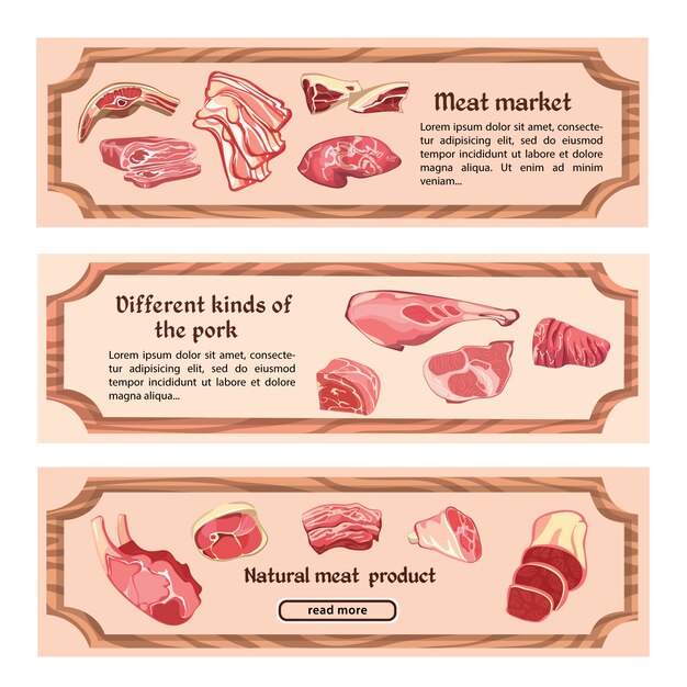 Vetor grátis banners horizontais de carne natural desenhada à mão