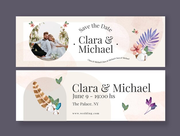 Banners horizontais de casamento boho em aquarela