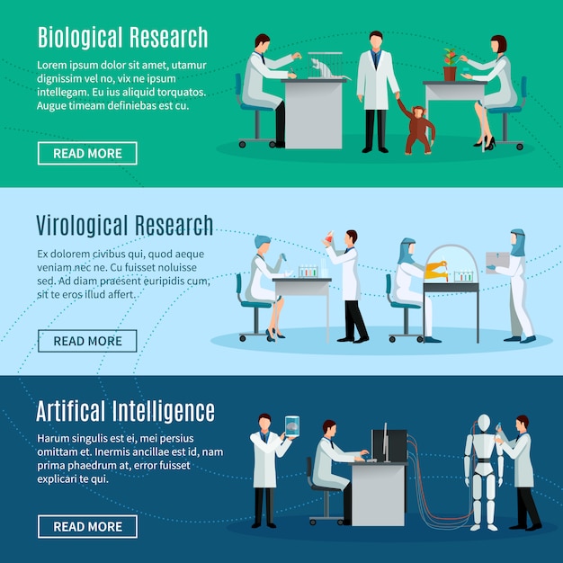 Banners horizontais de ciência com cientistas fazendo inteligência biológica virológica e artificial