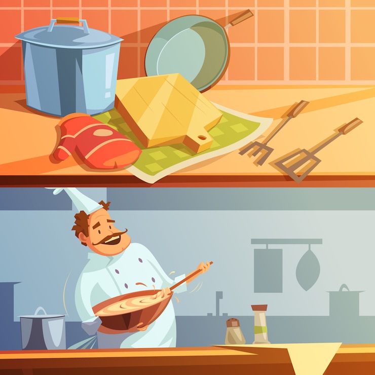 Vetor grátis banners horizontais de cozinhar dos desenhos animados conjunto com utensílios de cozinha e chef