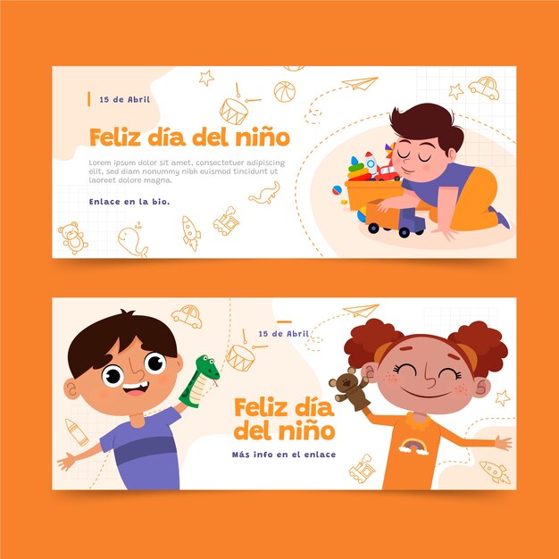 Banners horizontais de dia das crianças planas em espanhol