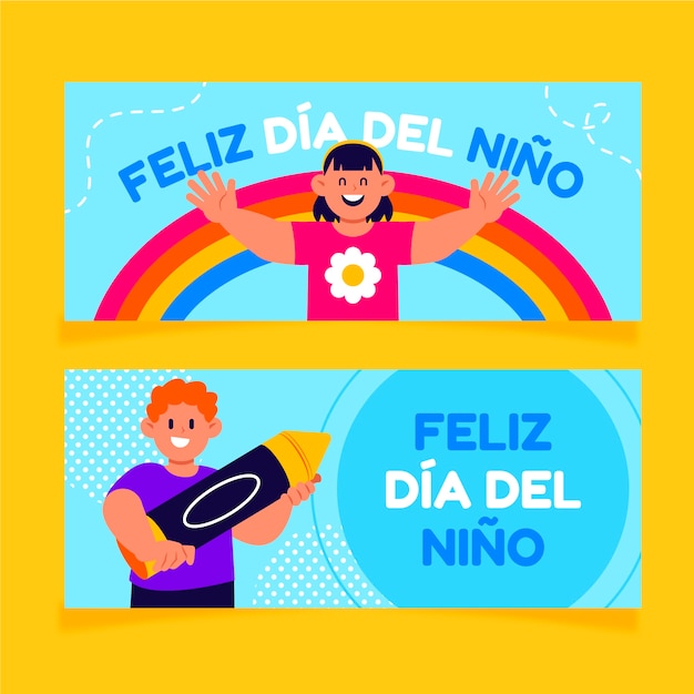 Banners horizontais de dia das crianças planas em espanhol