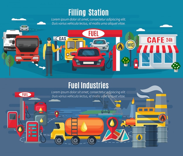 Vetor grátis banners horizontais de posto de gasolina definido com carros caminhões e café