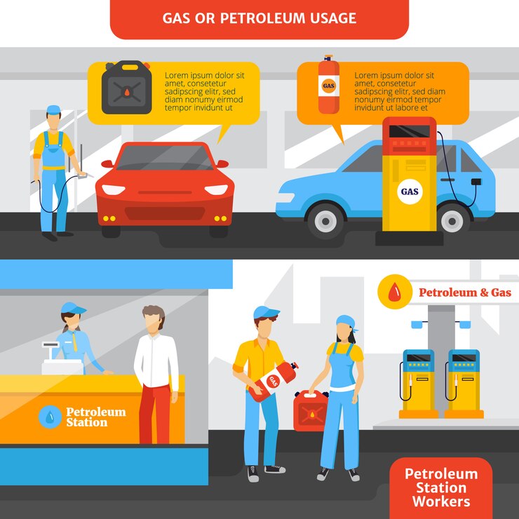 Vetor grátis banners horizontais de trabalhadores de posto de gasolina definido com pessoas e carros