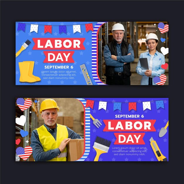 Banners horizontais do Dia do Trabalho com foto