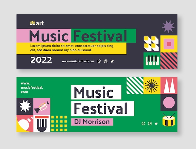 Banners horizontais do festival de música em mosaico com design plano