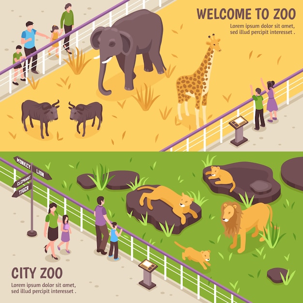Vetor grátis banners horizontais do zoológico isométrico
