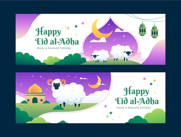 Vetor grátis banners horizontais gradiente eid al-adha com ovelhas