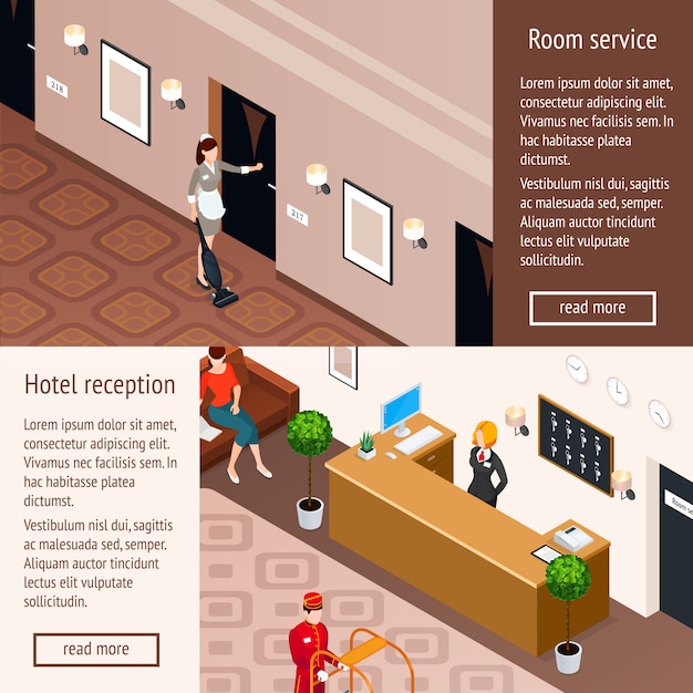 Banners horizontais isométricos de serviço de hotel