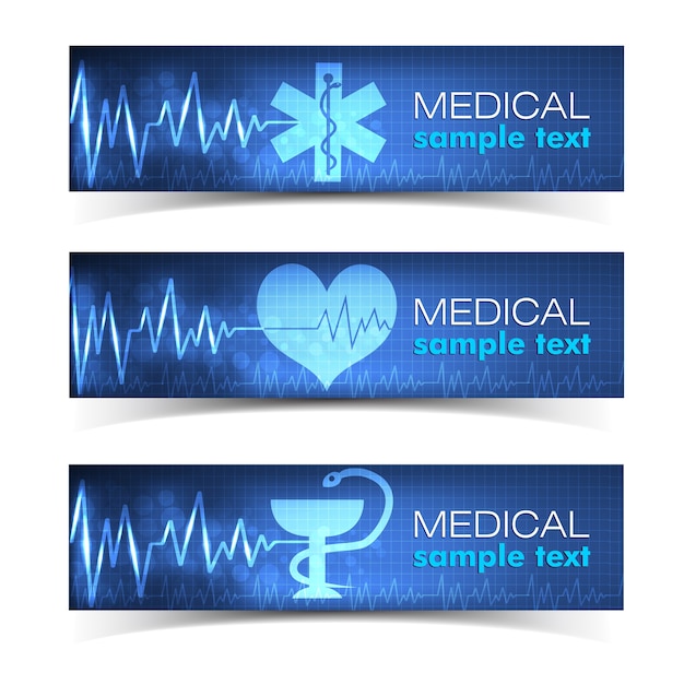 Banners horizontais médicos azuis com coração e cruz