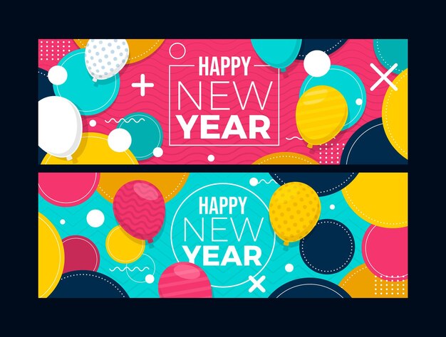 Banners horizontais planos de ano novo com balões
