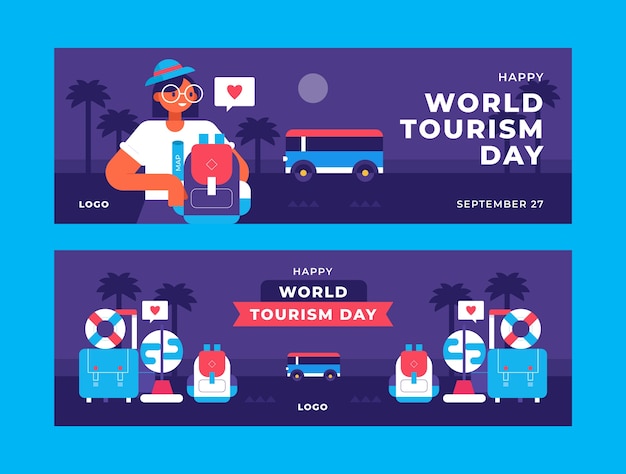Vetor grátis banners horizontais planos definidos para a celebração do dia mundial do turismo