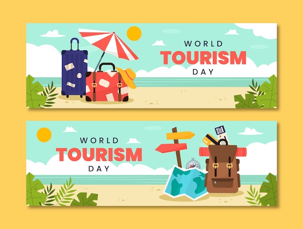 Banners horizontais planos definidos para a celebração do dia mundial do turismo