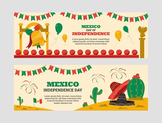 Banners horizontais planos definidos para celebração da independência do méxico