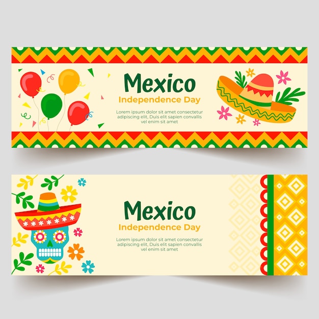 Vetor grátis banners horizontais planos definidos para celebração da independência do méxico