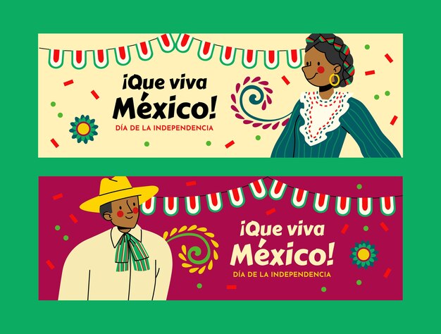 Banners horizontais planos definidos para celebração da independência do méxico