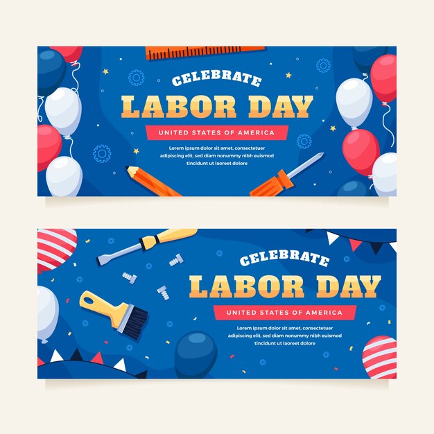 Banners horizontais planos definidos para celebração do dia do trabalho
