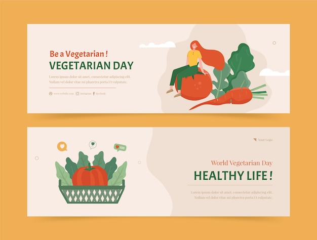 Vetor grátis banners horizontais planos definidos para o dia mundial do vegetariano