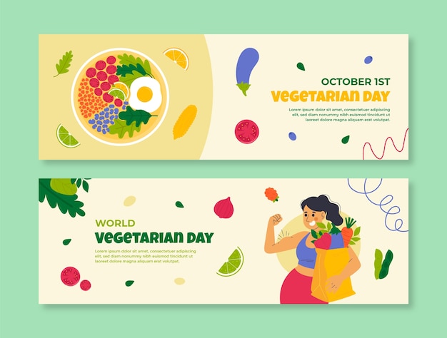 Banners horizontais planos definidos para o dia mundial do vegetariano