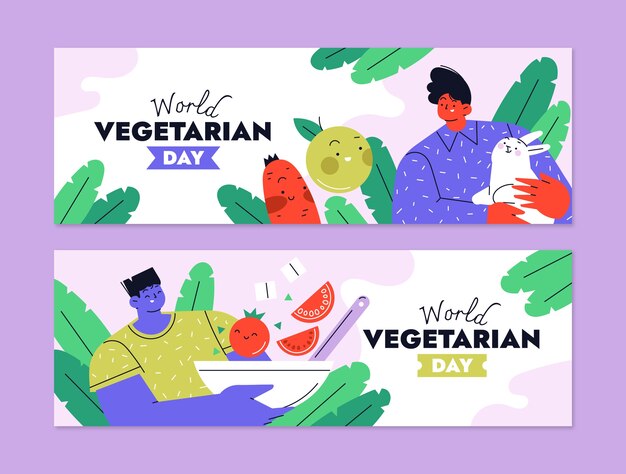 Vetor grátis banners horizontais planos definidos para o dia mundial do vegetariano