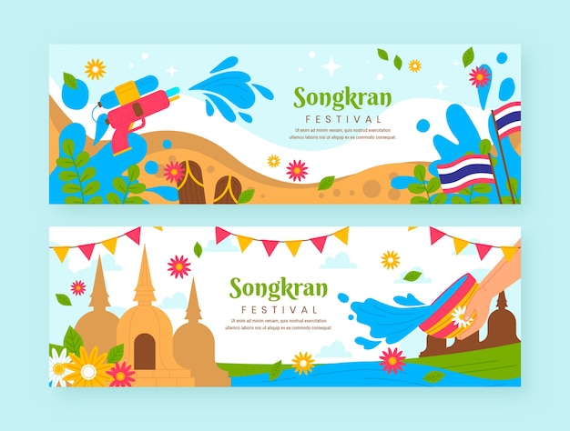 Vetor grátis banners horizontais planos definidos para o festival da água songkran