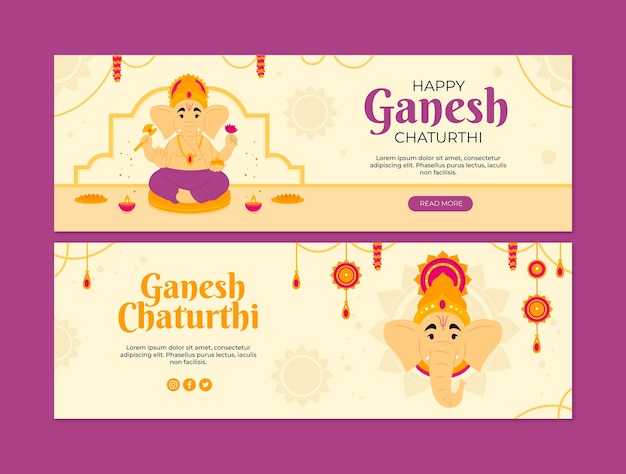 Banners horizontais planos ganesh chaturthi com elefante