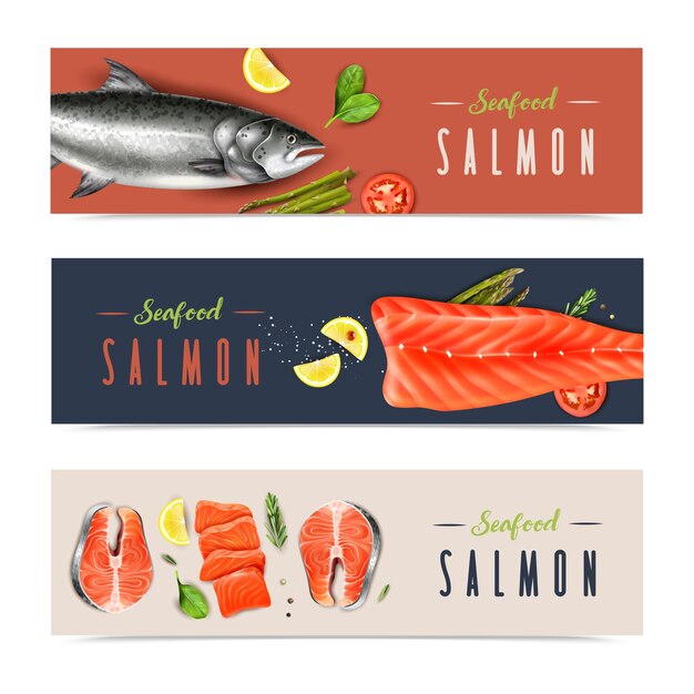 Banners horizontais realistas de frutos do mar com fatias de salmão inteiro e picado, alecrim, hortelã e limão