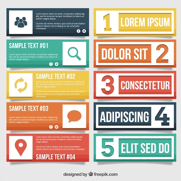 banners infográfico coloridos com ícones e números