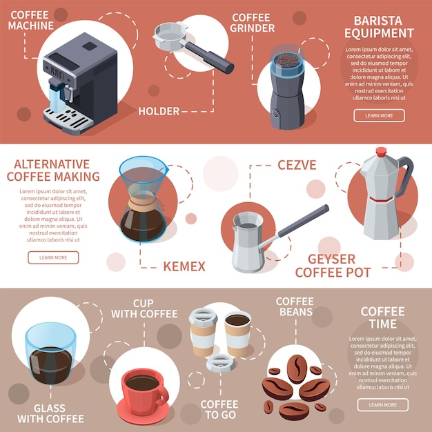 Banners isométricos de equipamentos de café de barista profissional com legendas de texto editáveis e imagens isoladas de cafeteira