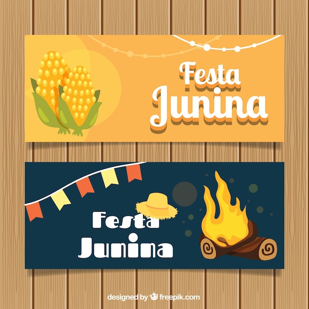 Vetor grátis banners junina festa estabelecidos com milho e fogueira