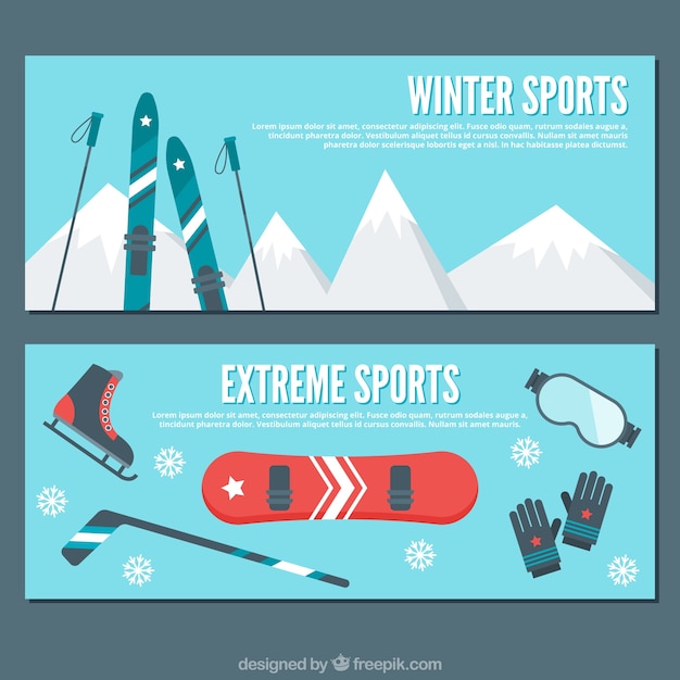 Banners plana com elementos de desportos de inverno