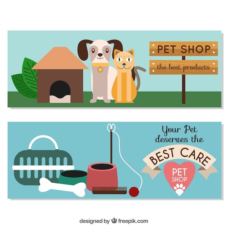 Vetor grátis banners plana com elementos do animal de estimação