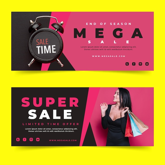 Vetor grátis banners planos de super vendas com foto