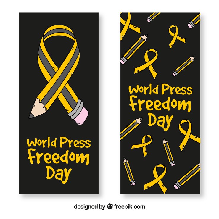 Vetor grátis banners pretos com lápis e fitas para o dia da liberdade de imprensa mundial