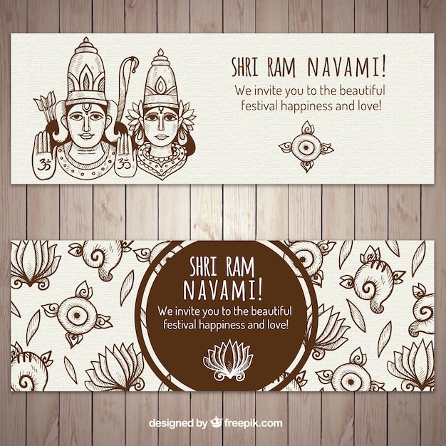 Banners ram navami decorativas em estilo desenhado mão