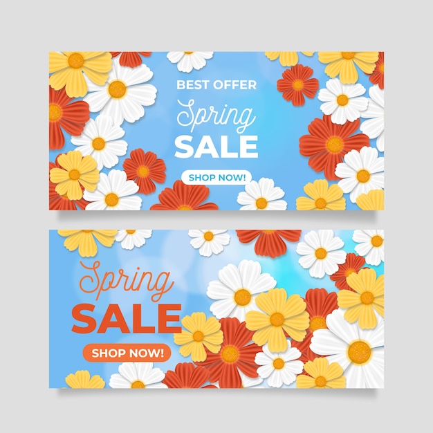 Banners realistas de primavera com flores coloridas