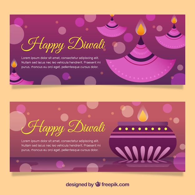 Banners roxos de diwali felizes