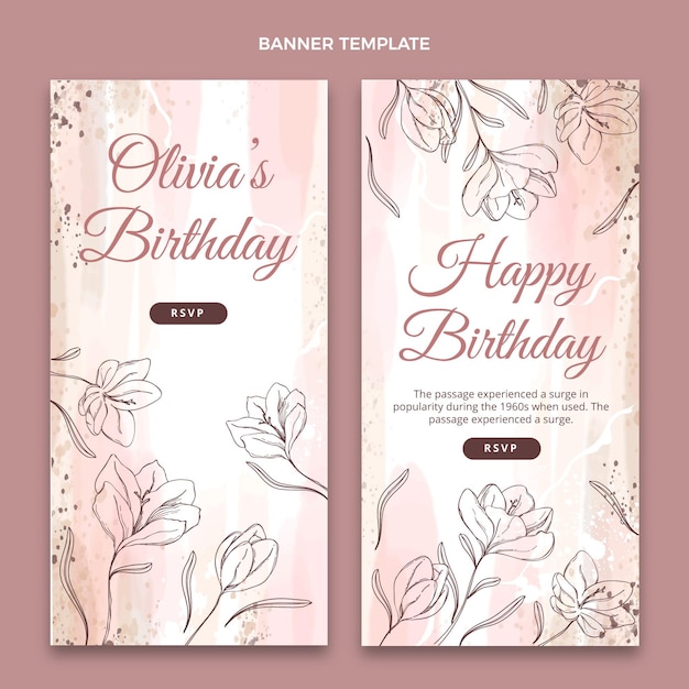 Banners verticais de aniversário desenhados à mão em aquarela