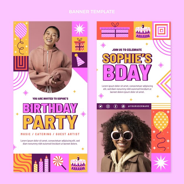 Banners verticais de aniversário em mosaico de design plano