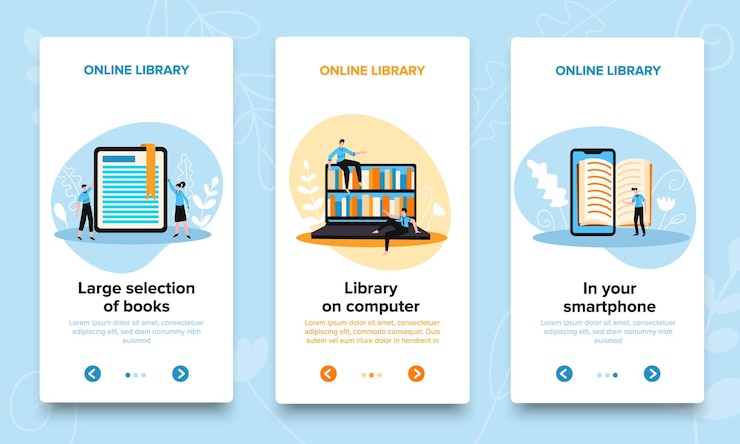 Vetor grátis banners verticais de biblioteca online configurados com botões de mudança de página de texto editável com setas