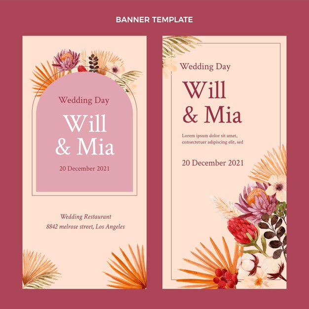 Banners verticais de casamento boho em aquarela