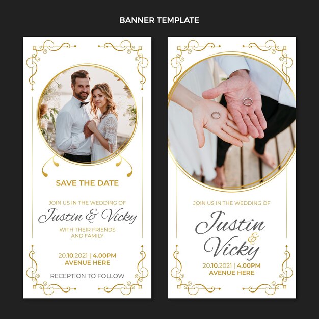 Banners verticais de casamento dourado de luxo realistas
