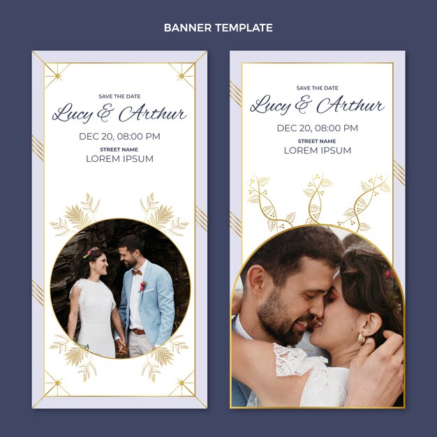 Banners verticais de casamento dourado de luxo realistas