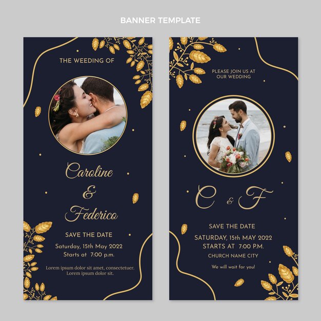 Banners verticais de casamento dourado de luxo realistas