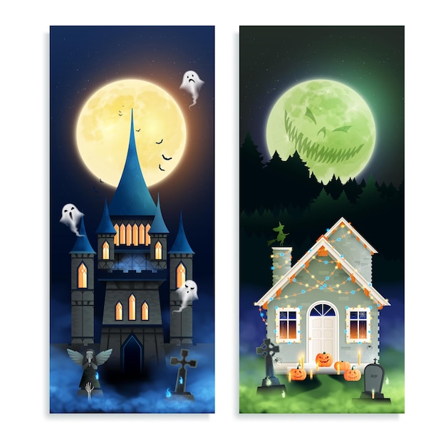 Banners verticais de desenhos animados de halloween com fantasmas no antigo castelo mágico e casa de festa decorada por lâmpadas coloridas ilustração do vetor
