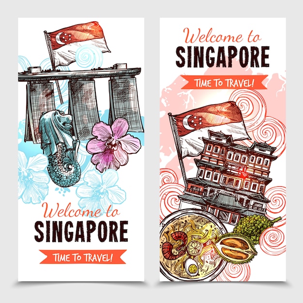 Banners verticais de esboço de singapura