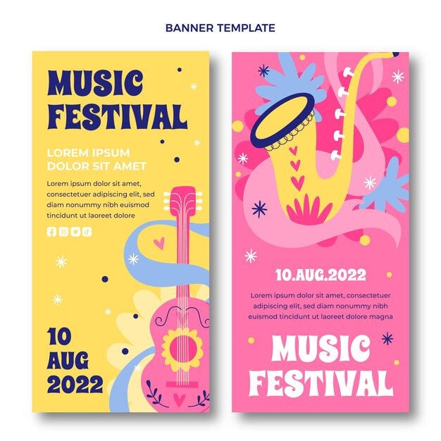 Banners verticais de festival de música desenhados à mão